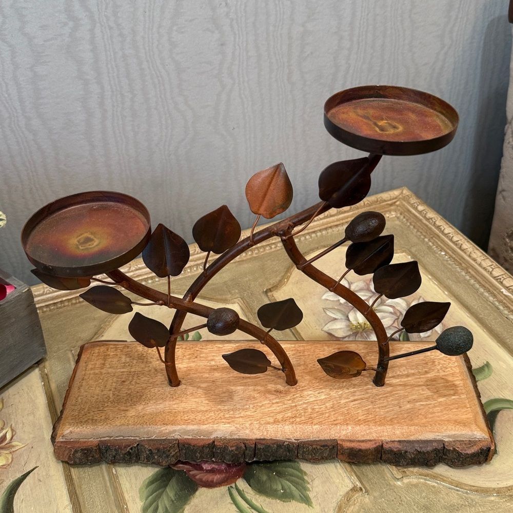 Vintage Rustic Metal Leaf Branch Candle Holder Wood Base Copper Finish Farmhouse